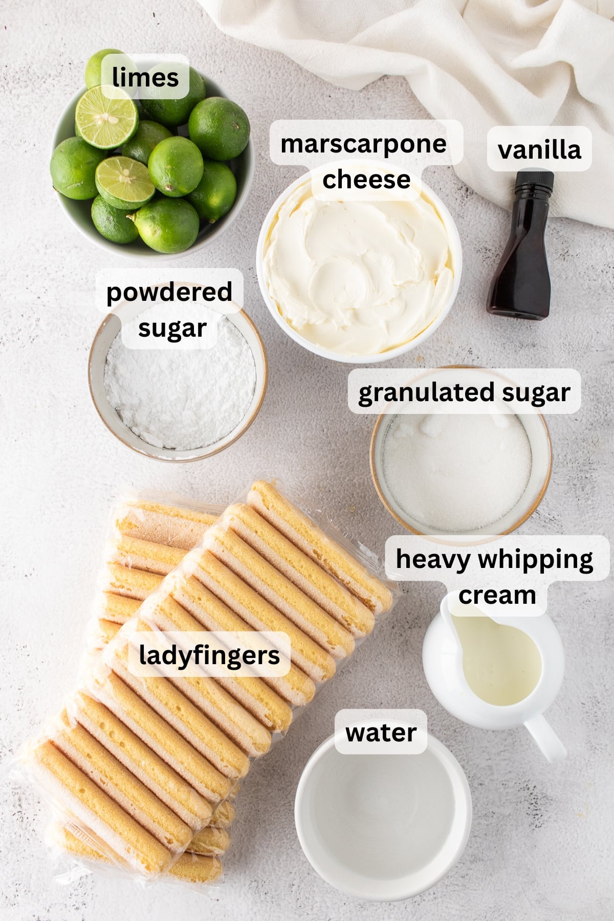 Ingredients to make this lime tiramisu on a table.