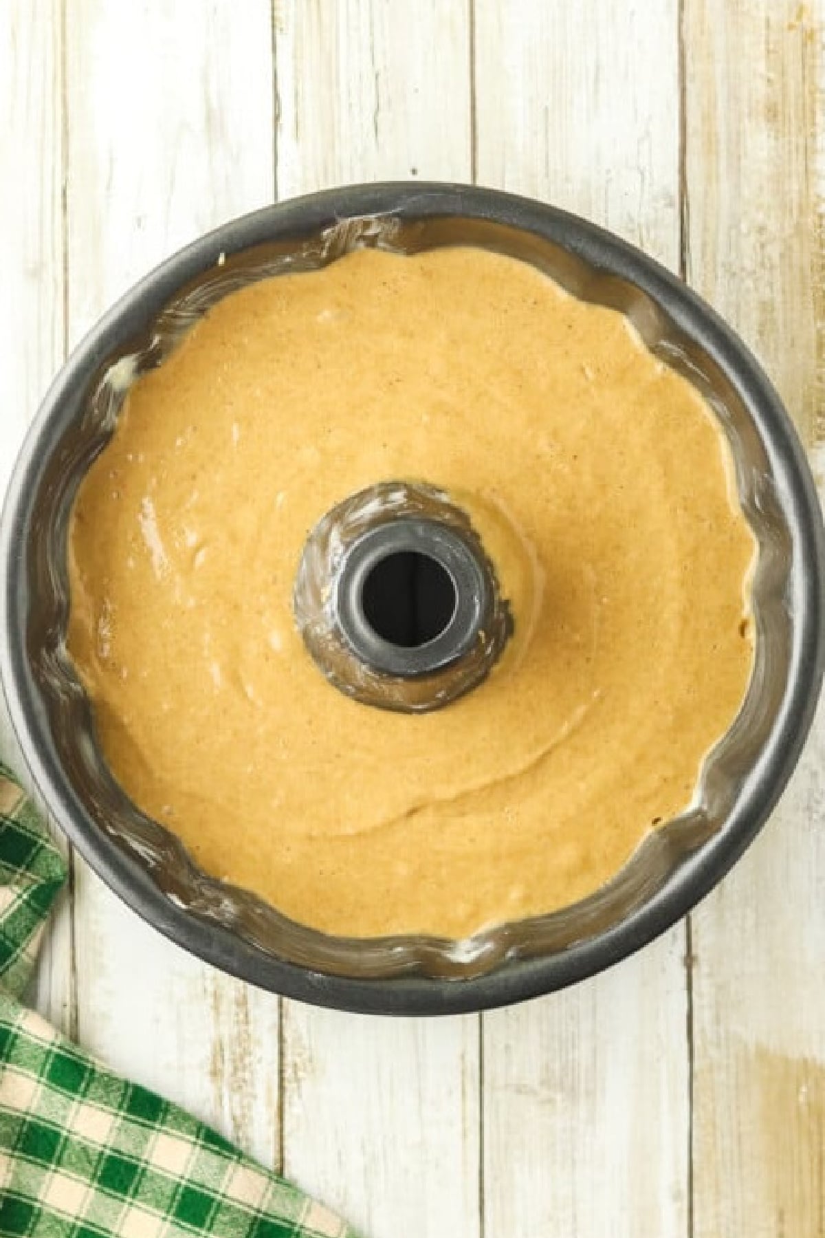 Cake batter in bundt pan.