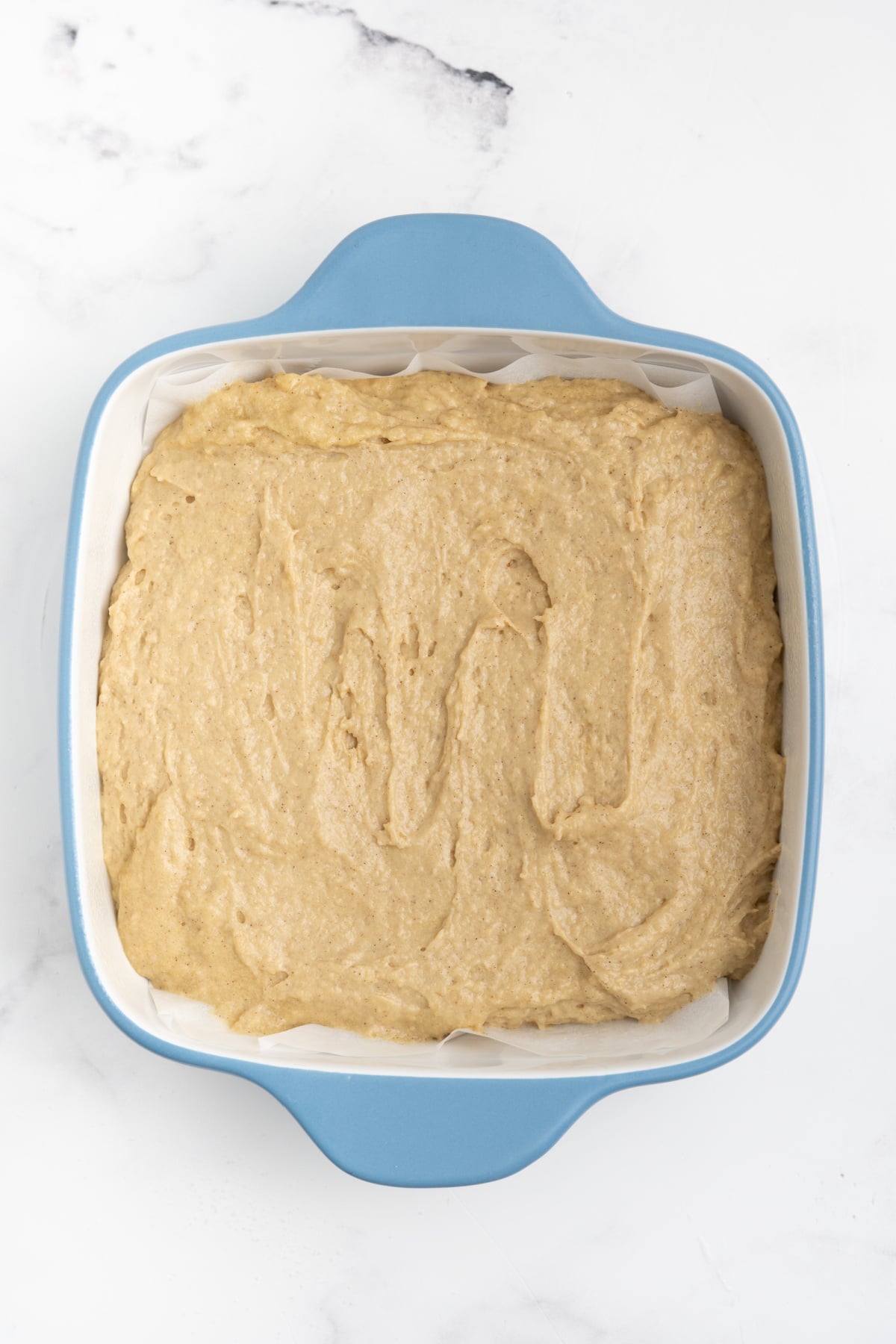 Wet and dry ingredients blended together and added to the prepared pan.