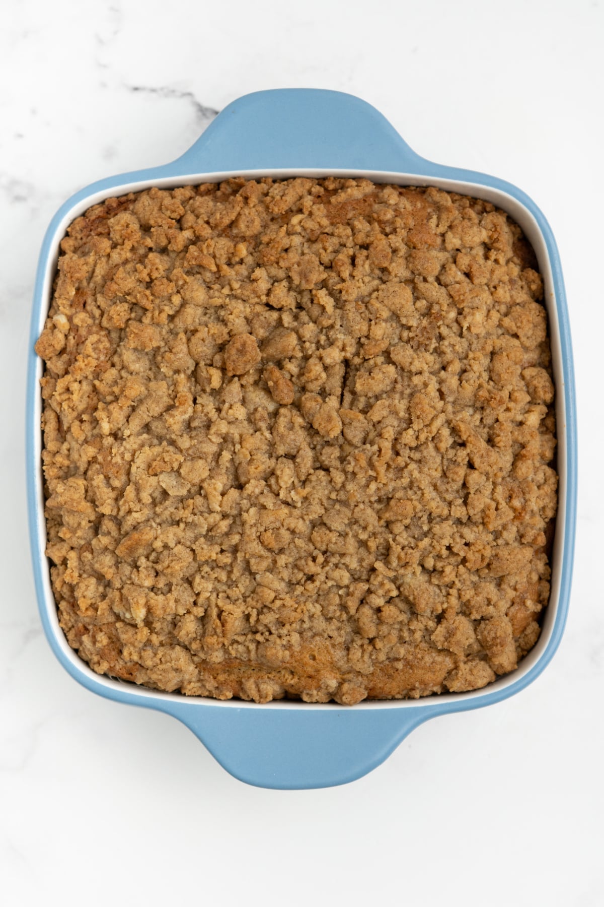 Baked cake in baking pan.