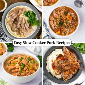 Four different photos of Easy Slow Cooker Pork Recipes.