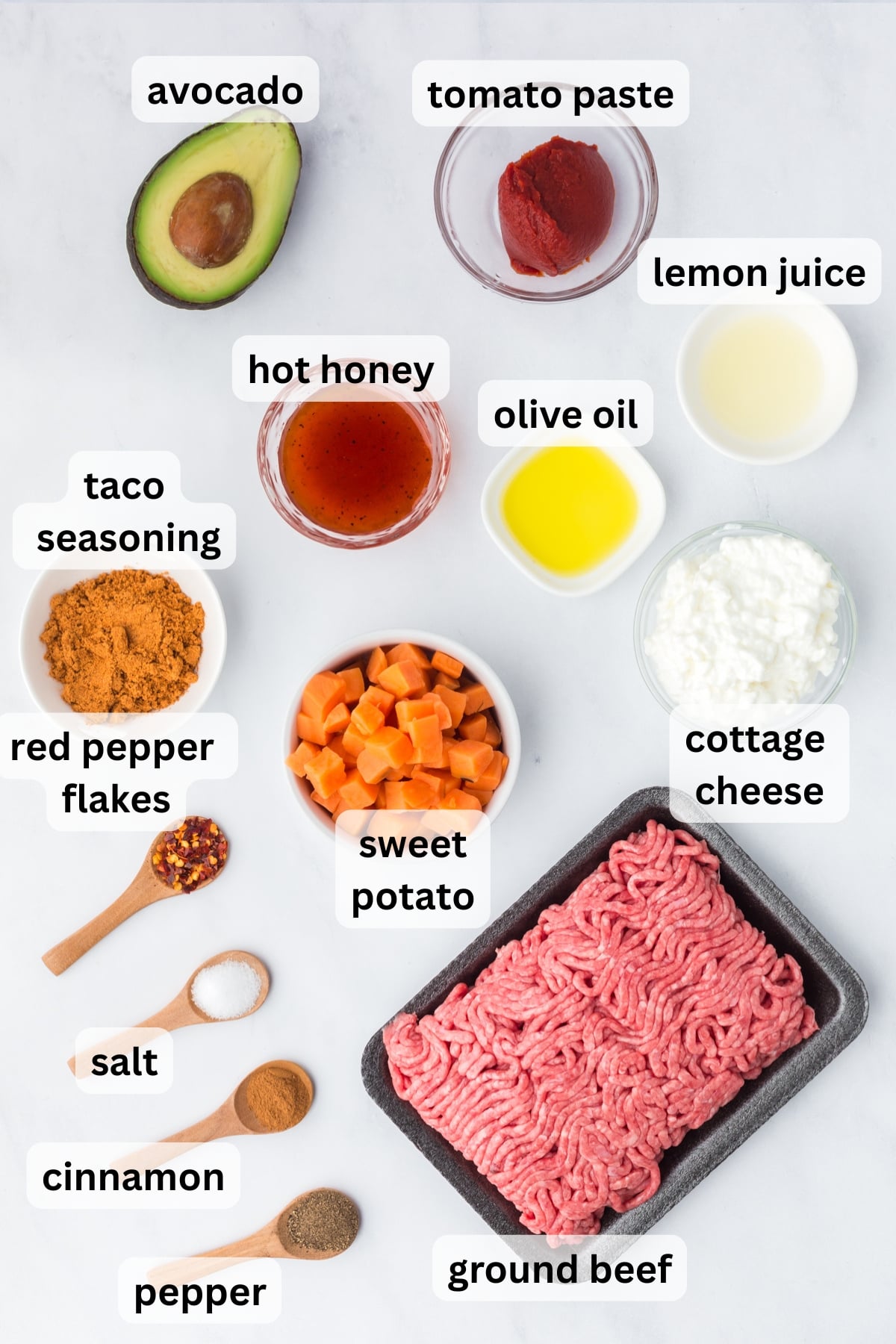 Ingredients needed to make Hot Honey Beef Bowls arranged on a table in bowls.