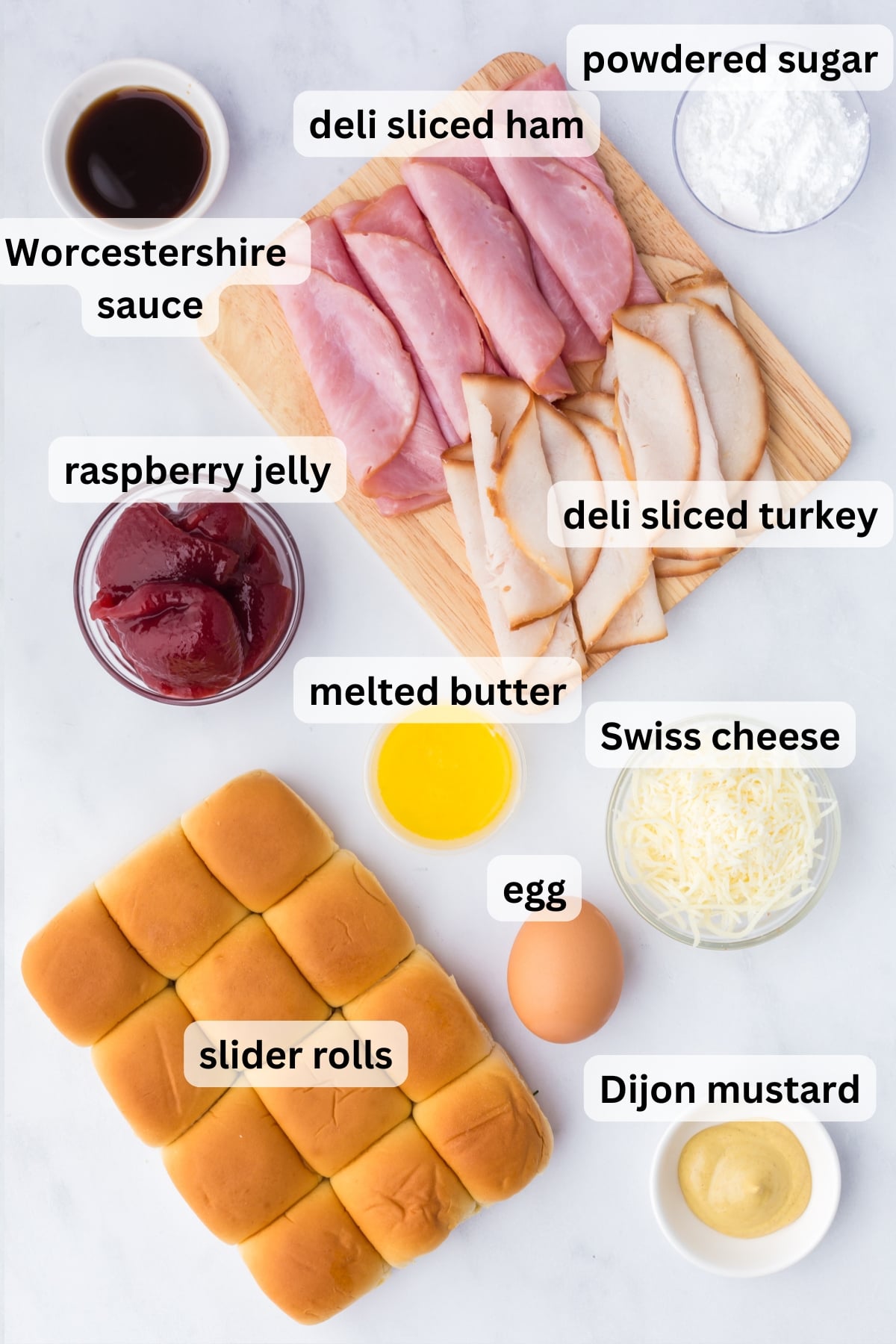 Ingredients needed to make Monte Cristo Sliders arranged on a countertop.