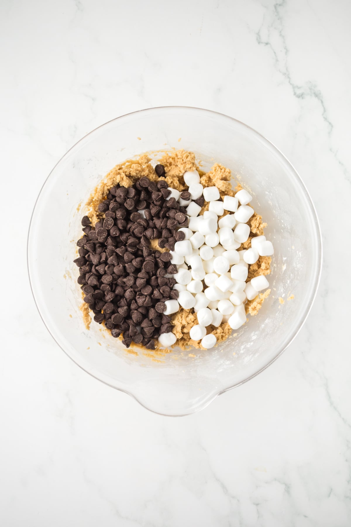 Mini marshmallows and chocolate chips folded into dough.