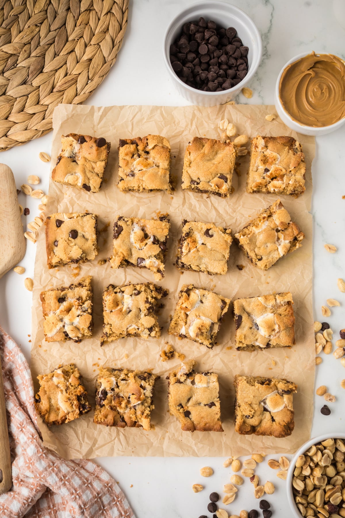 cookie bars sliced into squares after cooling.