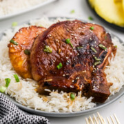 A plate of teriyaki pork chops with rice.