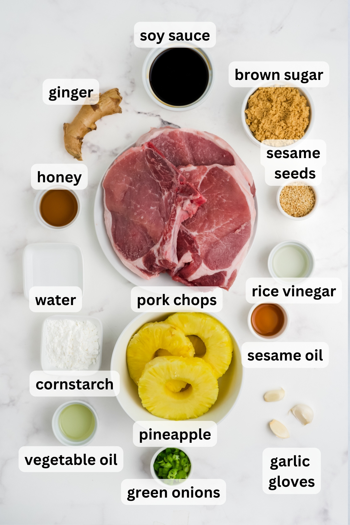 Ingredients to make these teriyaki pork chops on a table.