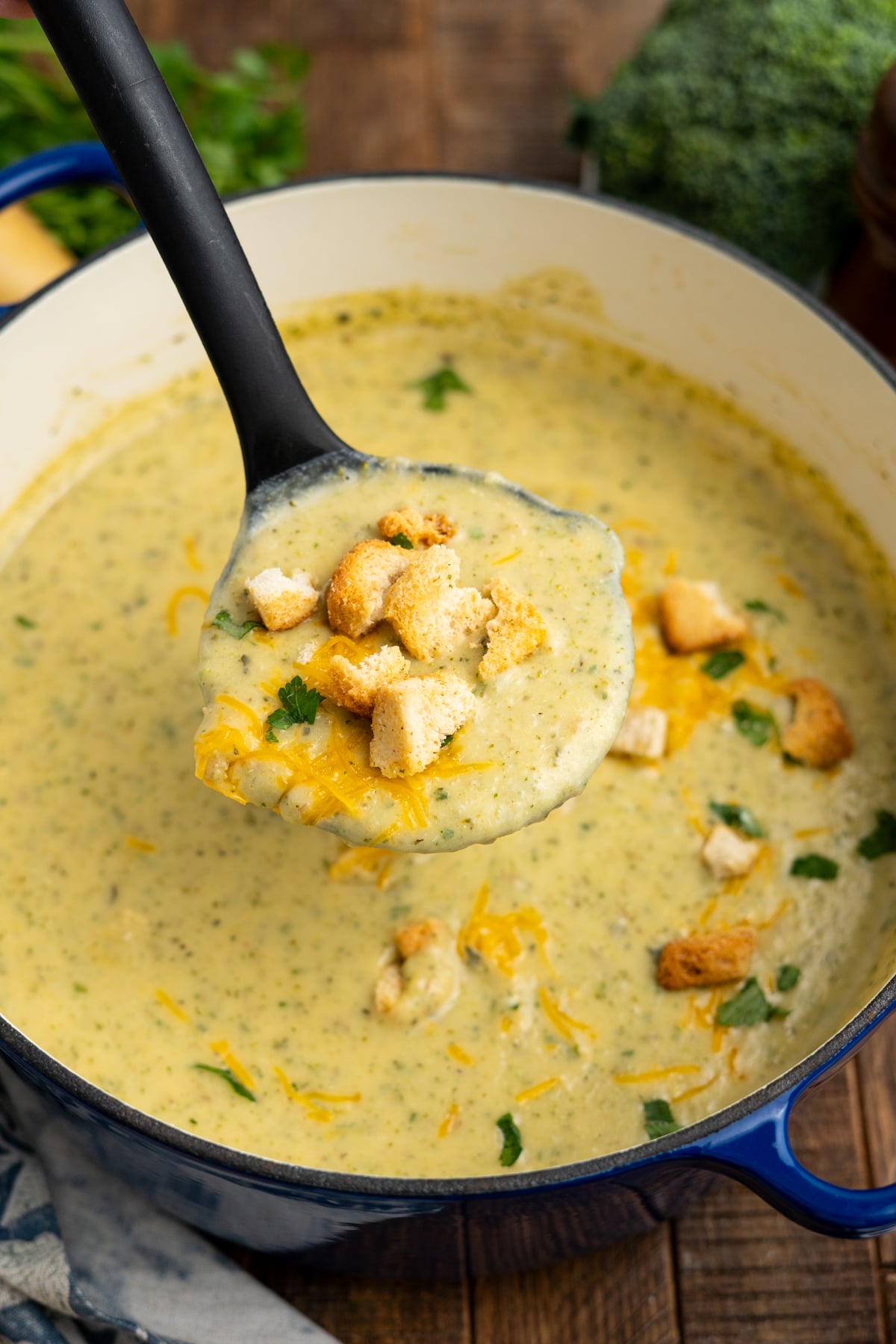 A ladle scooping out some zucchini soup.