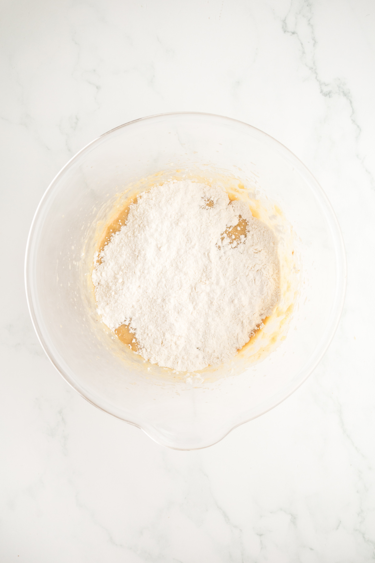 Salt, baking soda, and flour added to batter.