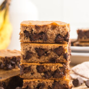 A stack of banana blondies on a table.