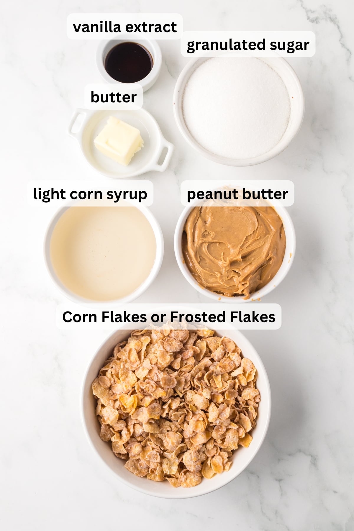 Ingredients needed to make Peanut Butter Crunch Cookies arranged on a countertop.