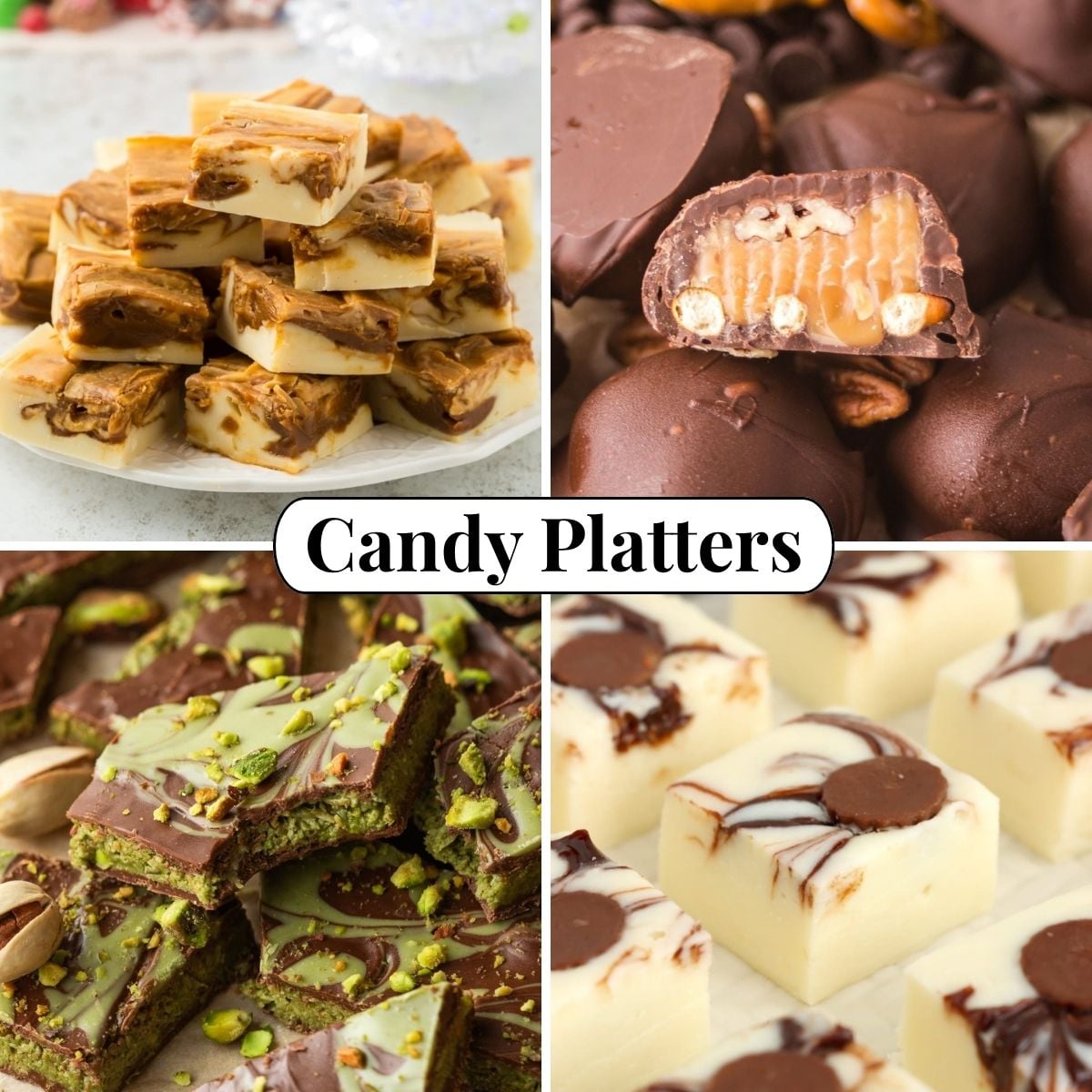 Four different photos of candies for Candy Platters.
