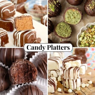 Four different photos of candies for Candy Platters.