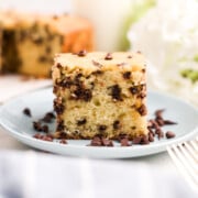 A slice of Chocolate Chip Cake on a plate with some chocolate chips.