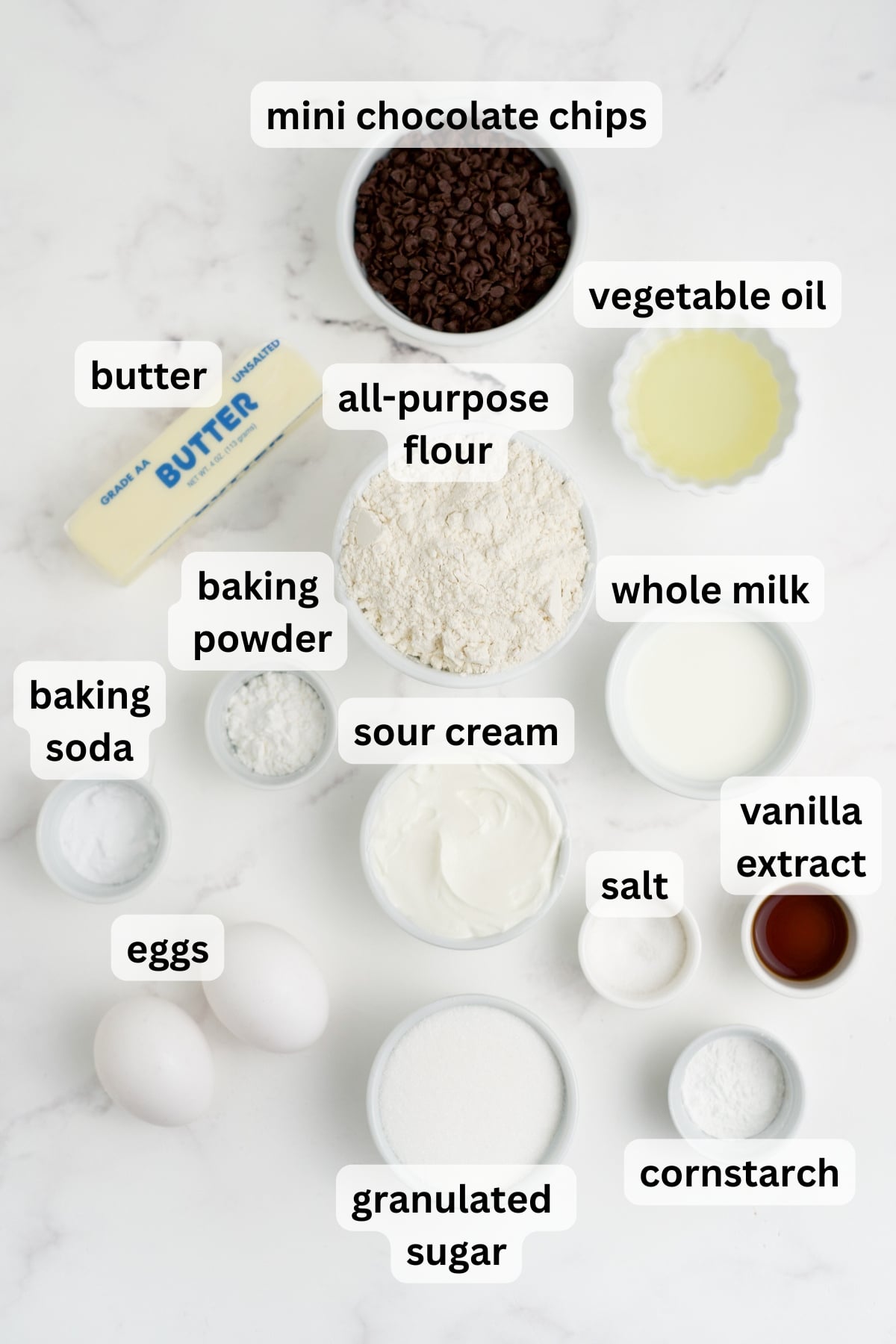All of the ingredients needed to make a chocolate chip cake in bowls on a table.