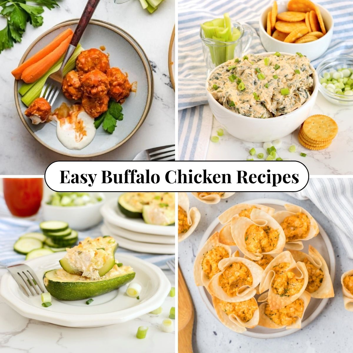 Four different photos of Easy Buffalo Chicken Recipes.