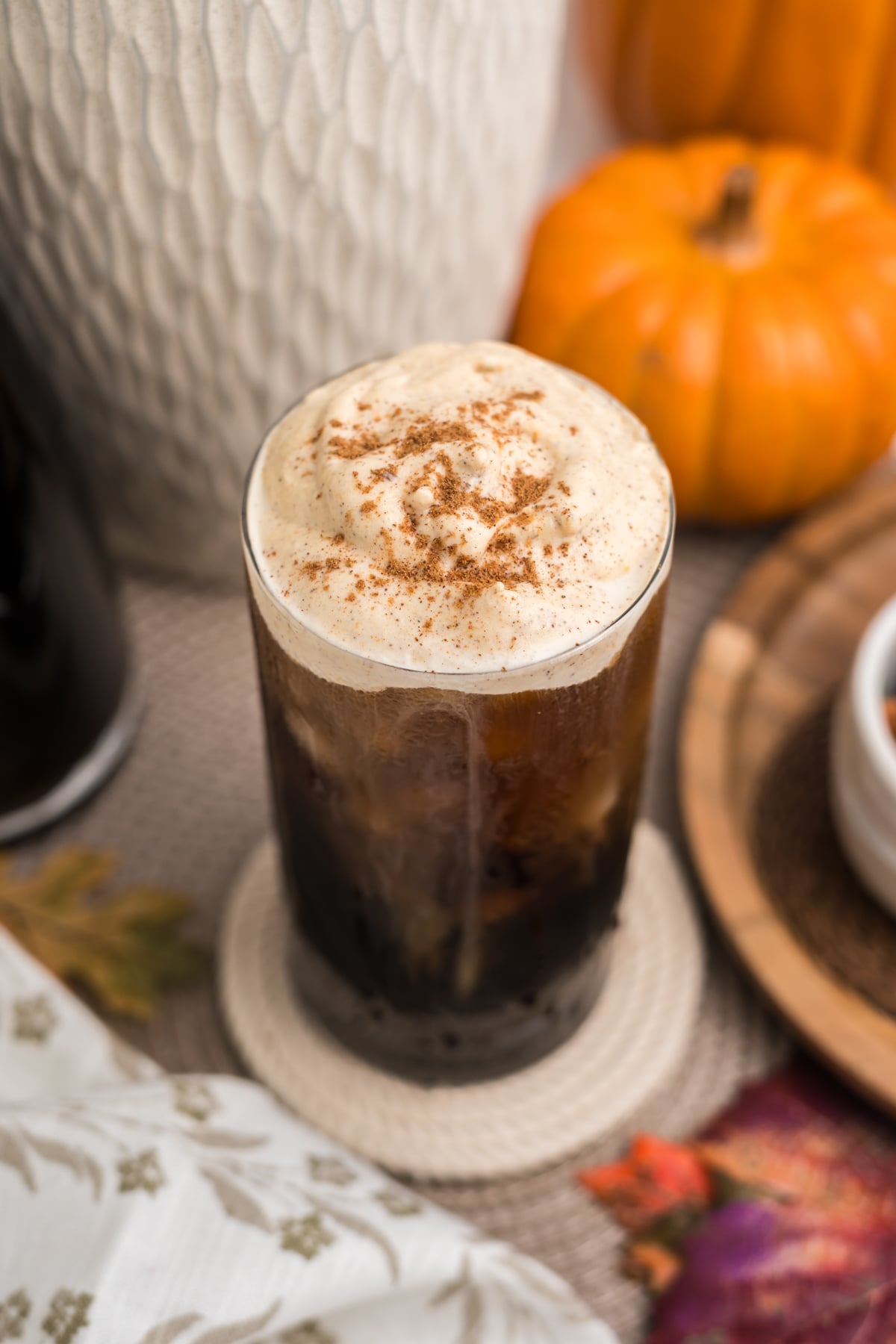 Pumpkin pie spice is sprinkled on top of the pumpkin cold foam.