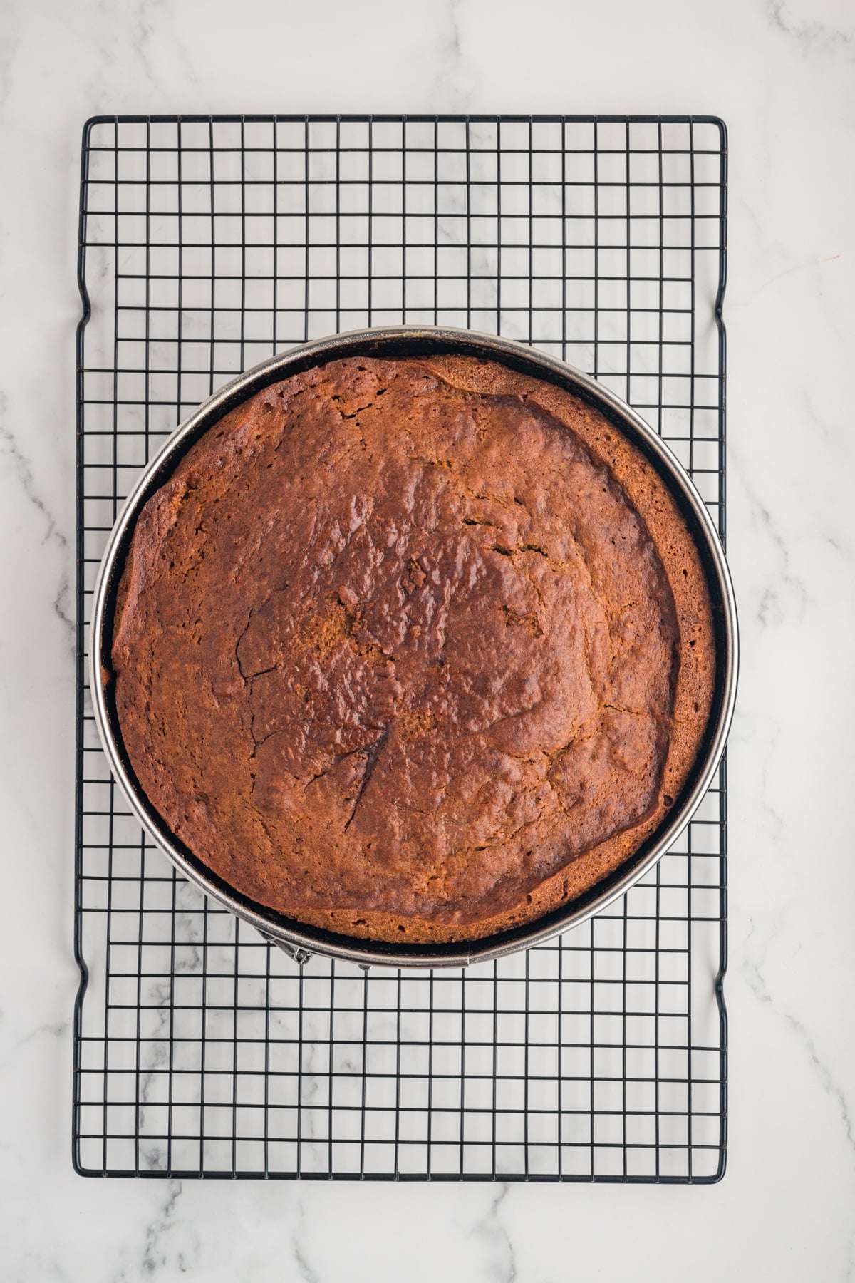 Baked cake cooling on wire rack.