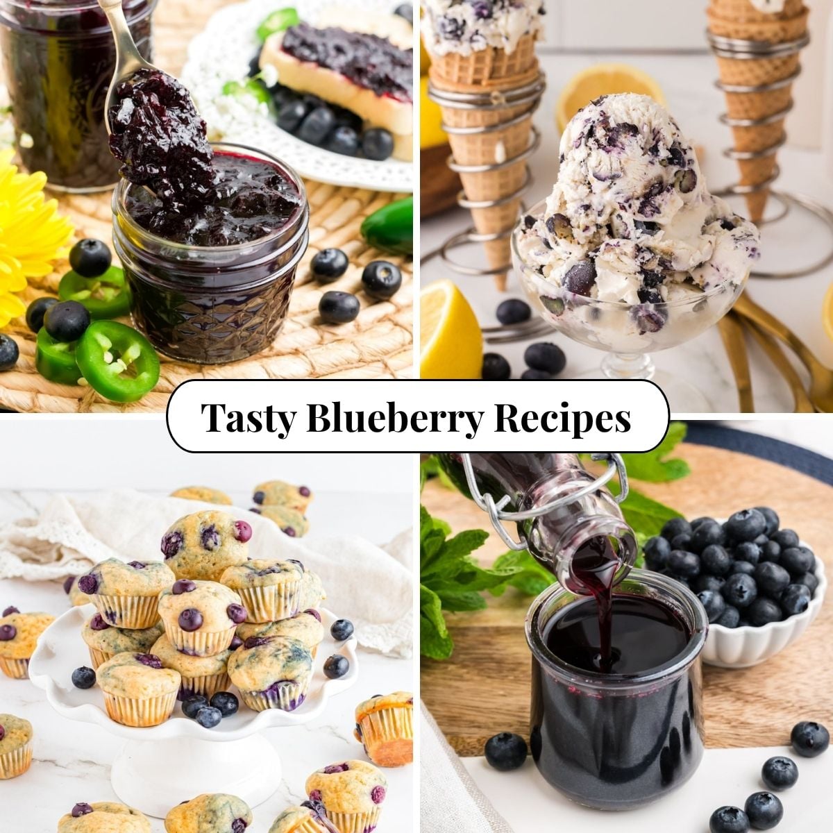 Four different photos of Tasty Blueberry Recipes.