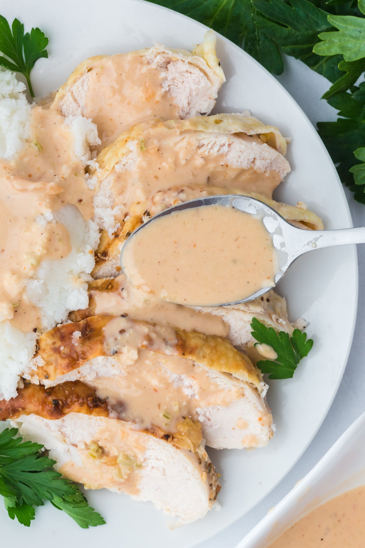 A spoonful of gravy drizzling gravy overtop of sliced turkey breast.