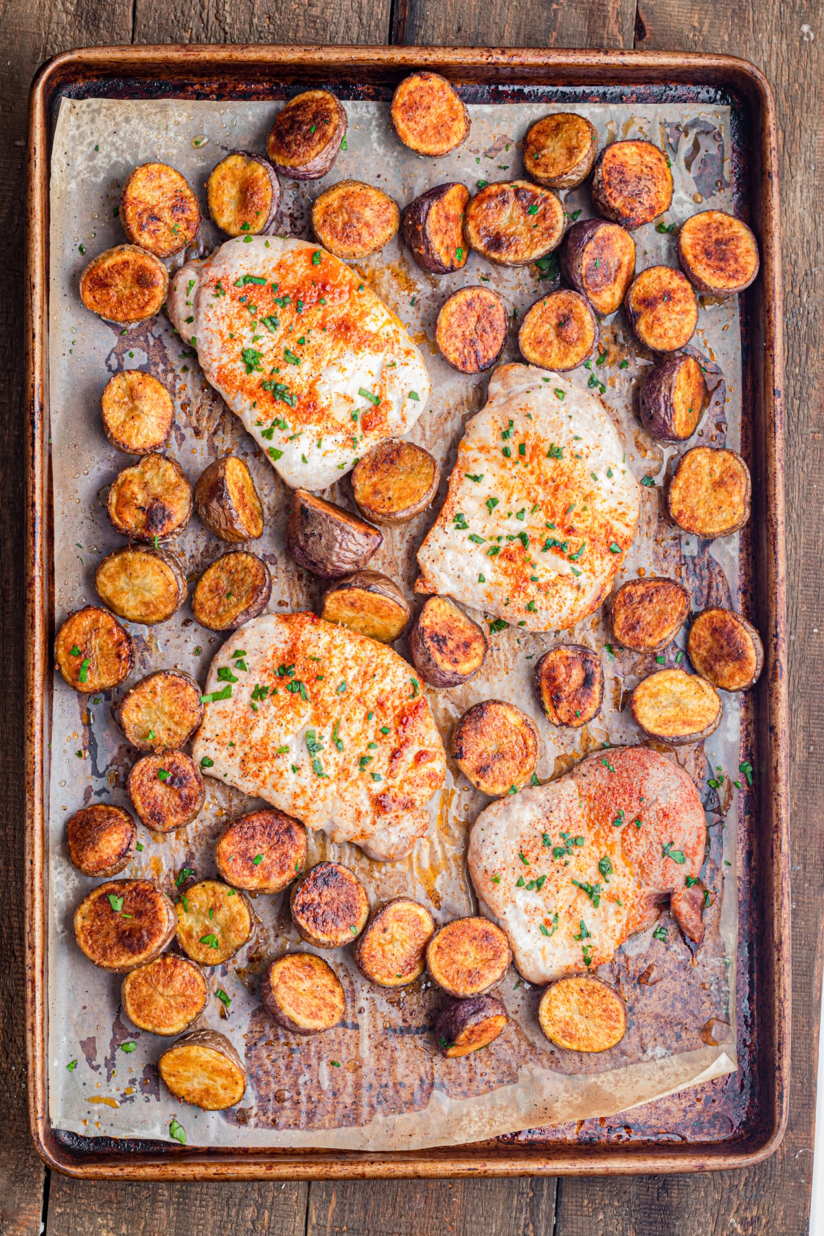 The pork chops cooked in the oven. 