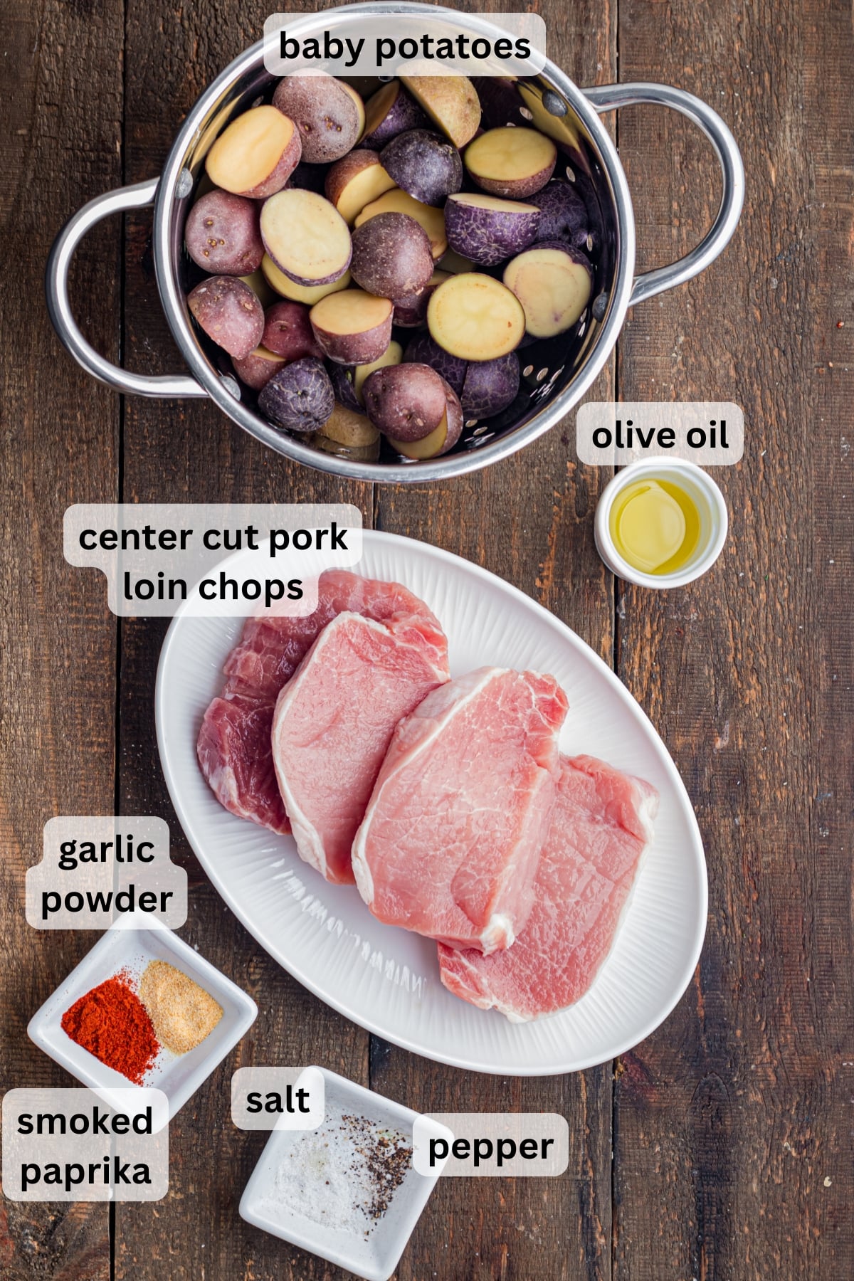 Ingredients to make this pork and potatoes dish on a table.