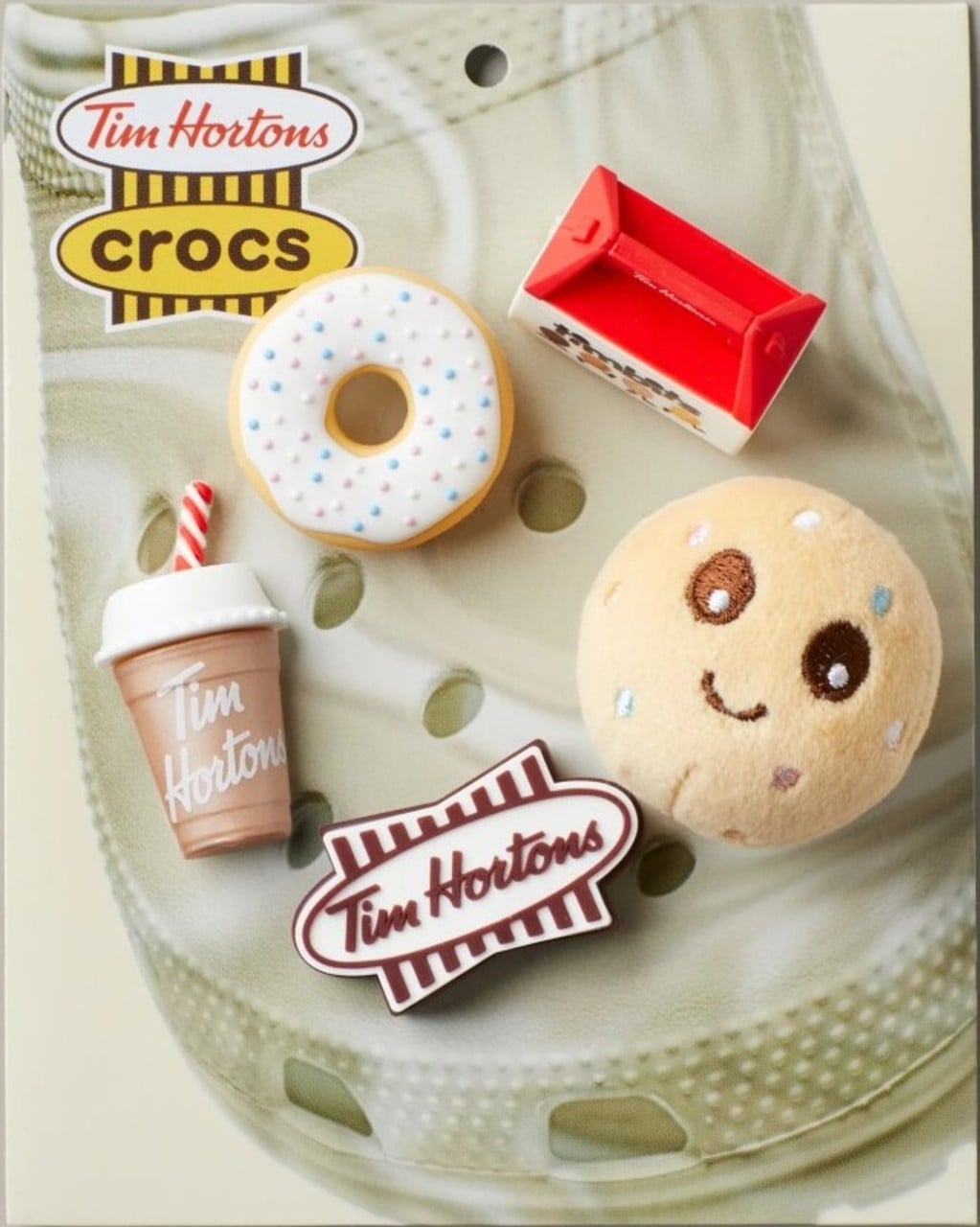 The Jibbitz and bag charm are built around classic Tims icons