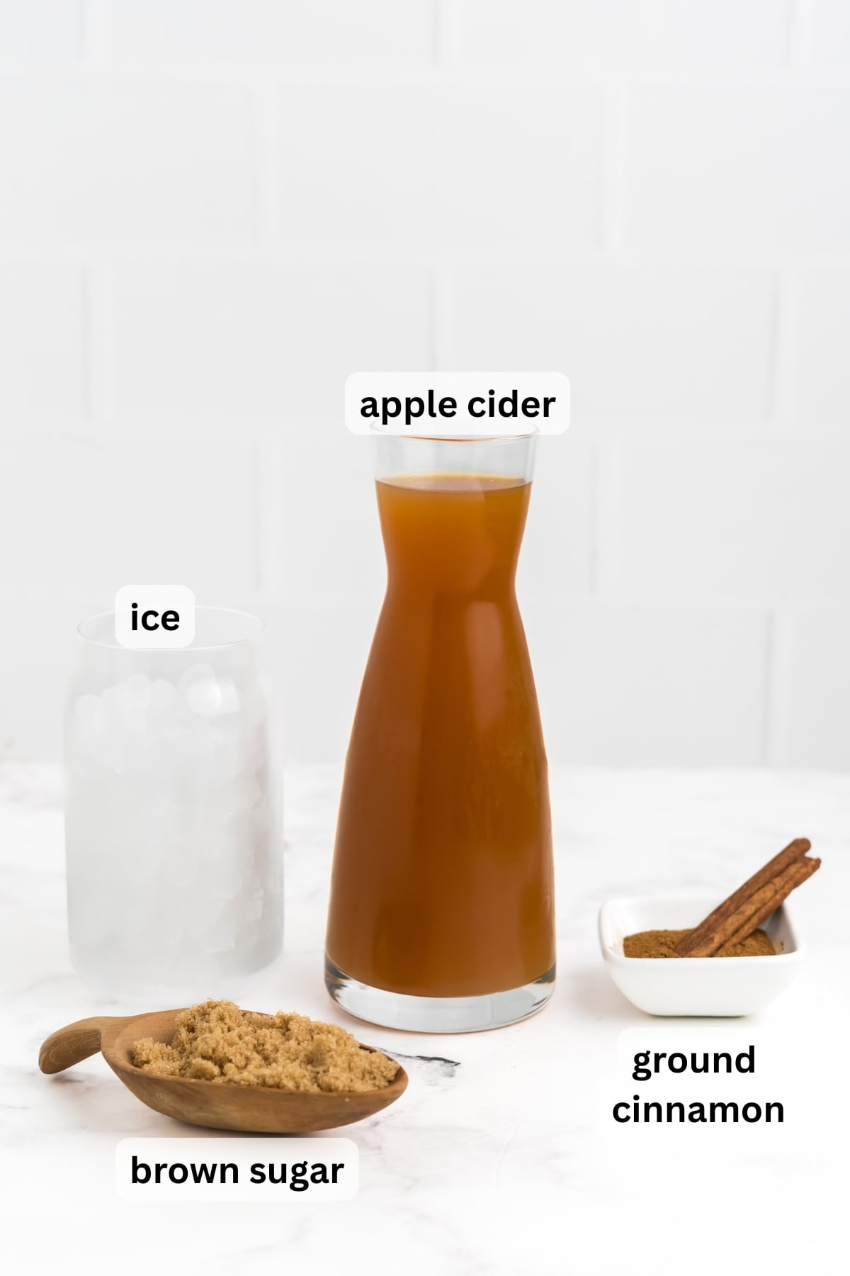 Apple cider, ice, brown sugar, and cinnamon for making an Apple Cider Slushie on a table.