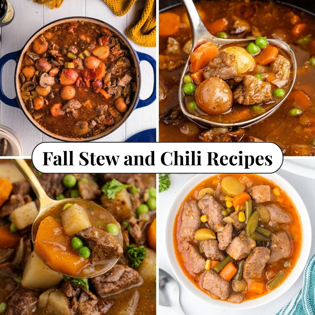 Four different photos of Fall Stew And Chili Recipes.