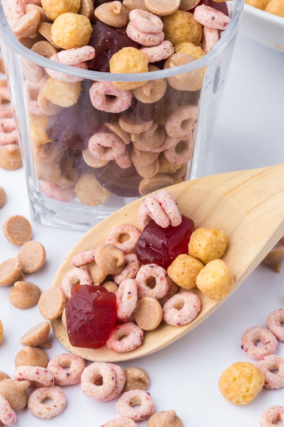 A wooden spoonful of trail mix.
