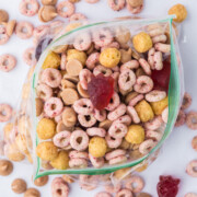 PB & J Trail Mix portioned into a resealable snack bag.