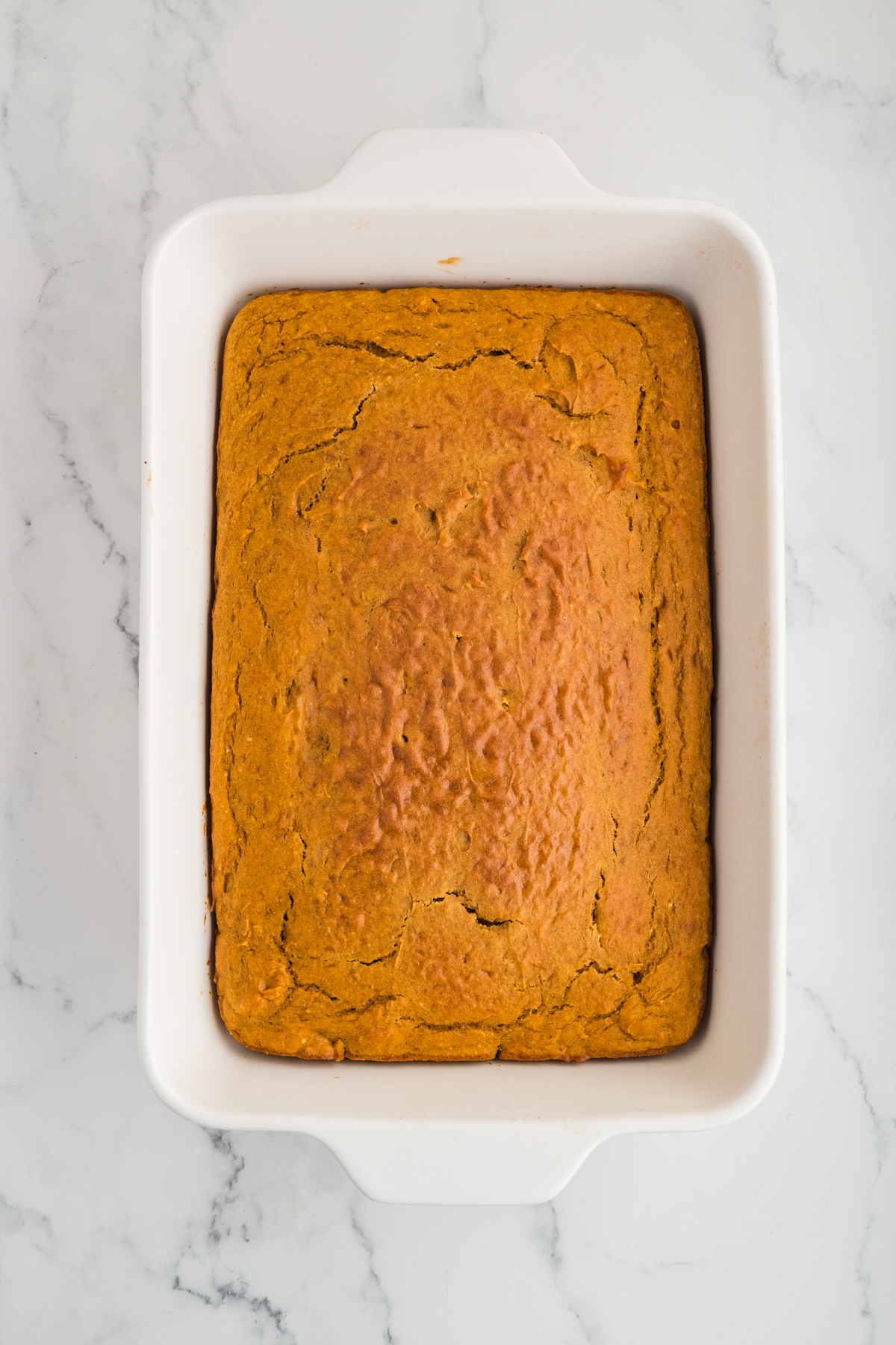 Baked pumpkin spice cake cooling in a 9×13-inch baking dish.