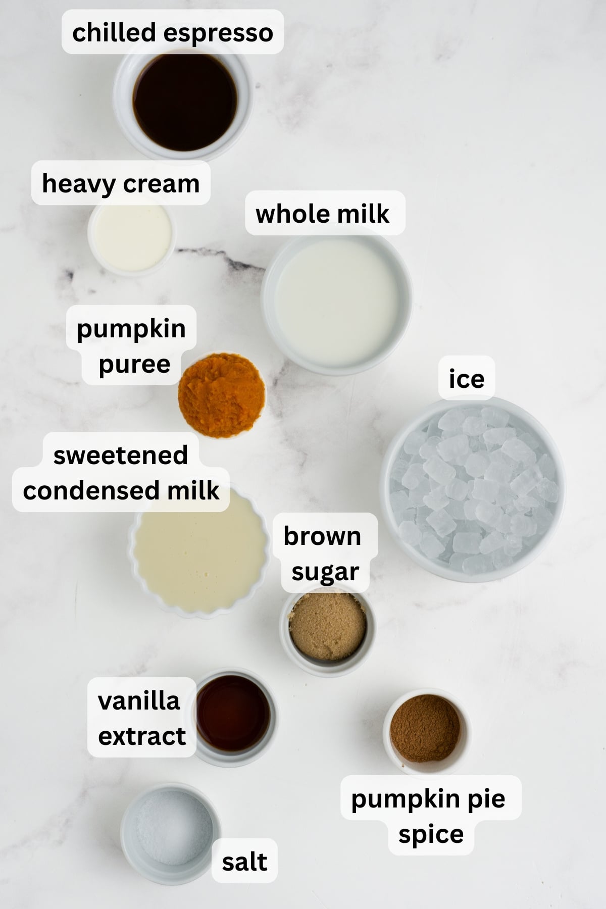 All of the ingredients needed to make a Pumpkin Spice Frappuccino in bowls on a table.