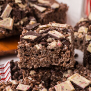 A pile of peppermint bark rice kripsie treats on a plate.