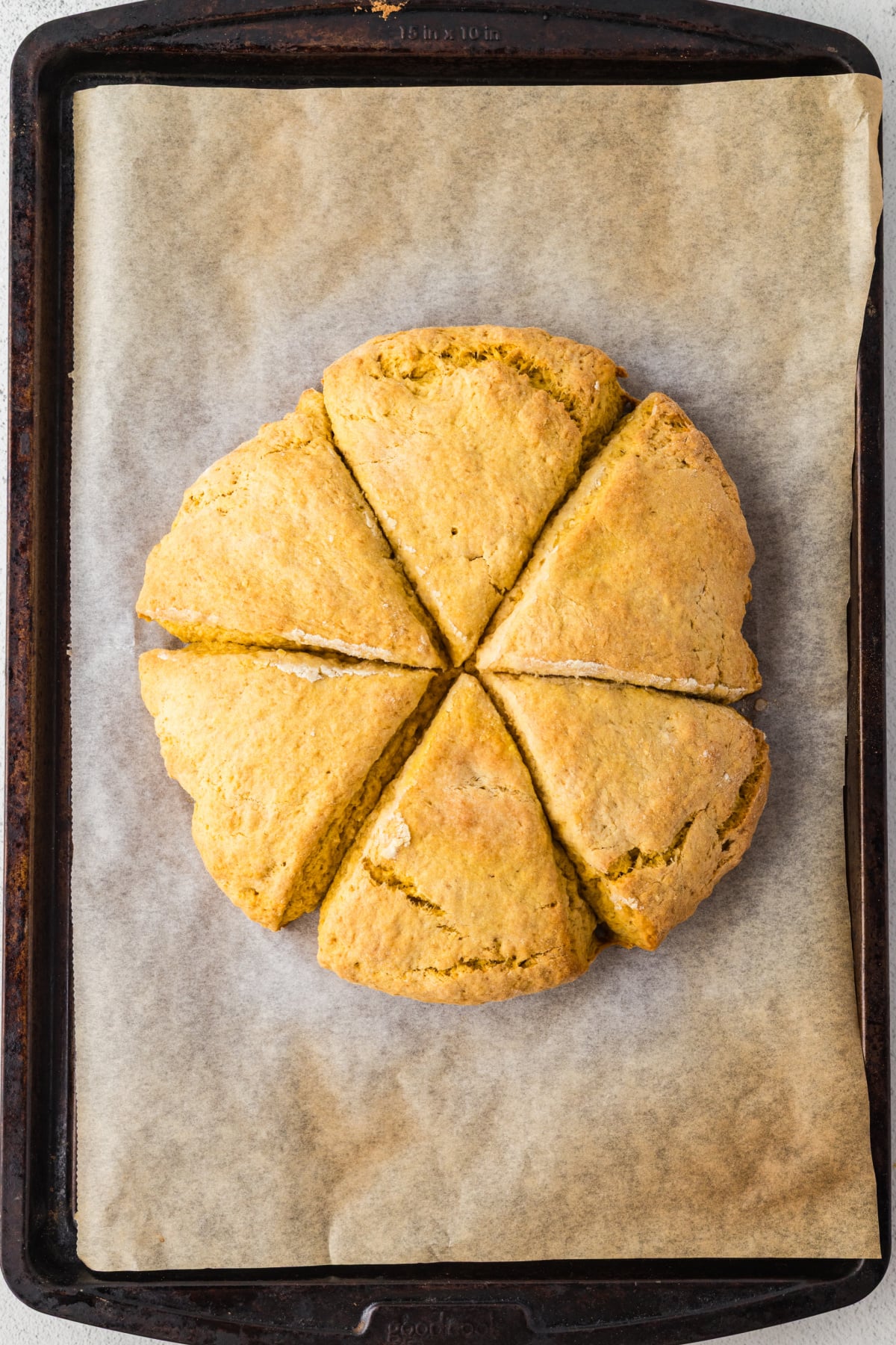 Six baked scones on parchment covered baking sheet.