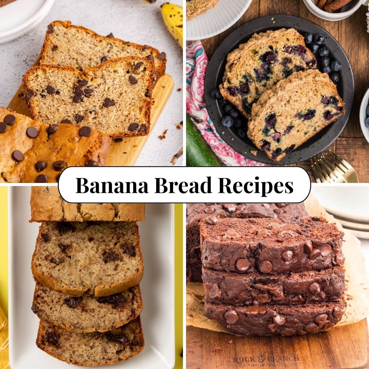 Four different photos of Banana Bread Recipes.