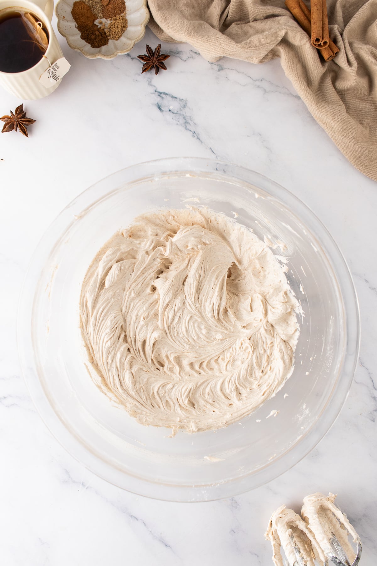 Blended buttercream in a bowl.