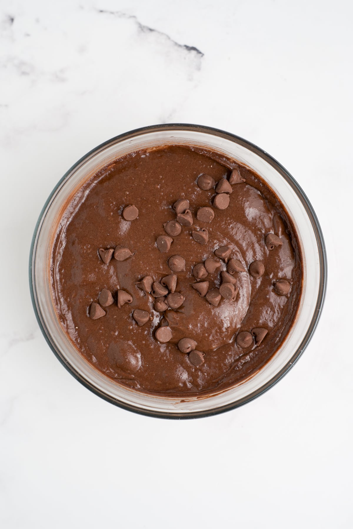 Devil's food cake batter with chocolate chips in a bowl.