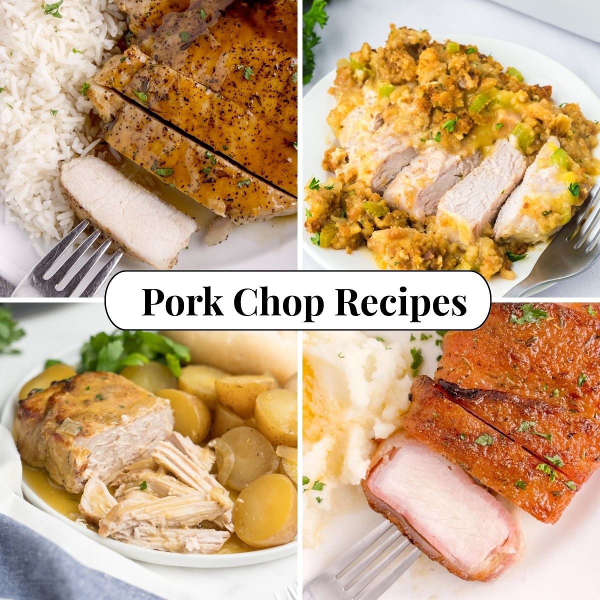 Four different photos of Pork Chop Recipes.