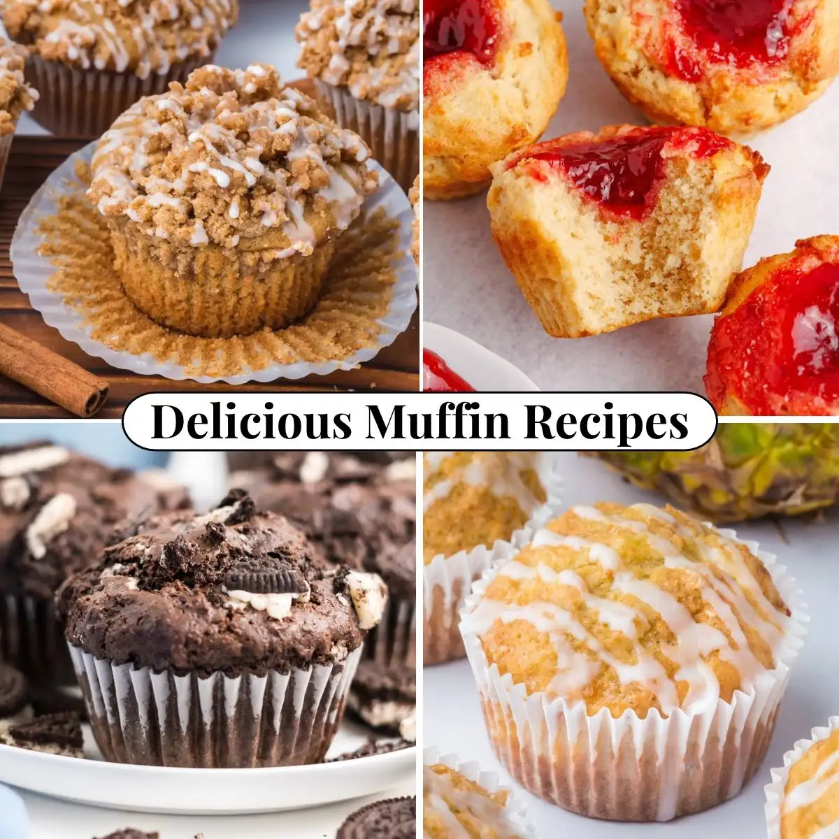Four different photos of homemade muffins.
