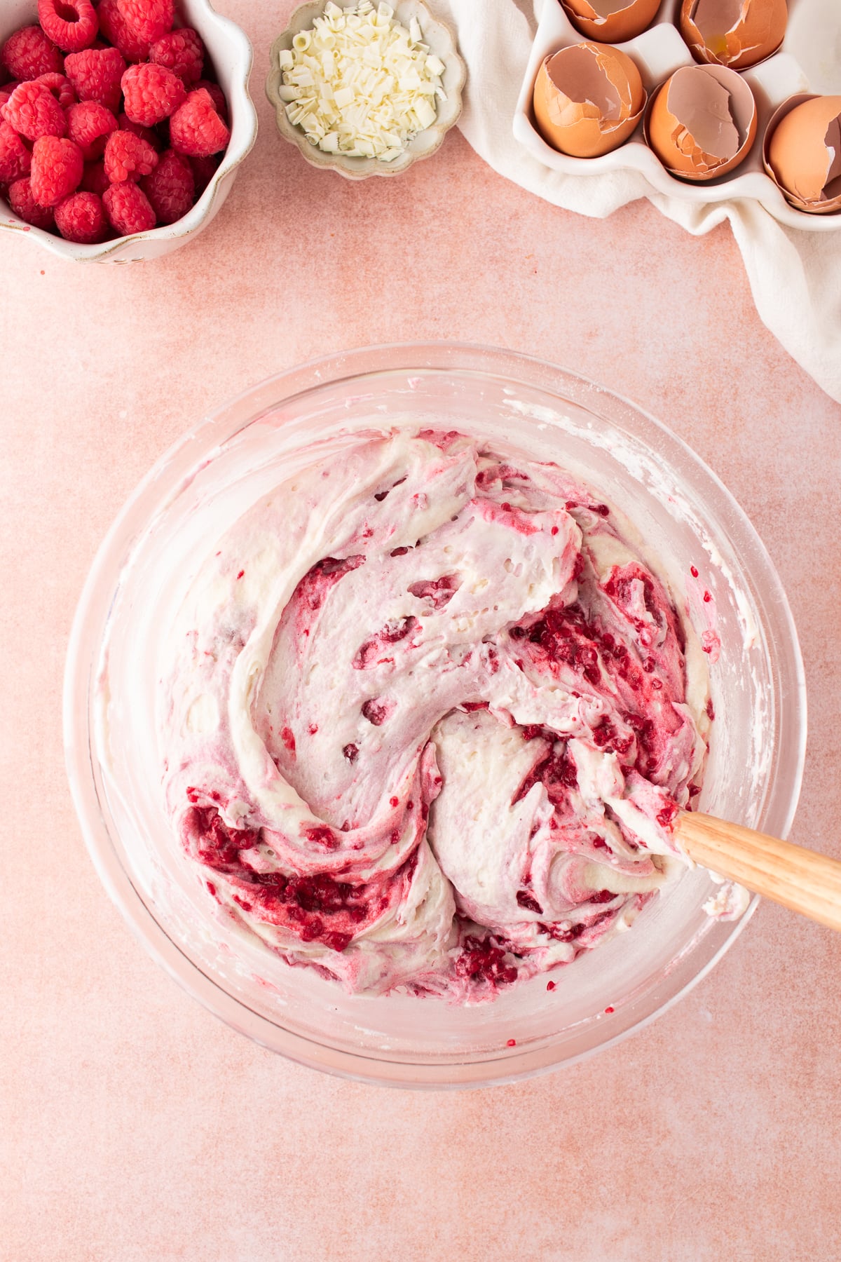 Raspberries folded into the cake batter.