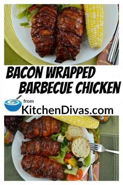 This recipe for Bacon Wrapped Barbecue Chicken started off by just wrapping bacon around a chicken breast and baking it. We absolutely loved it, I mean who wouldn't? One night my husband Ken put barbecue sauce on it and it tasted even better! Now we make these Bacon Wrapped Barbecue Chicken breasts all the time. Bacon does make everything taste better and in this case barbecue sauce does too! https://kitchendivas.com/bacon-wrapped-barbecue-chicken/