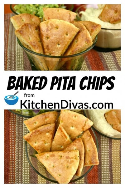 These Baked Pita Chips can be made in 20 minutes and are fabulous served with any dip your heart desires or on their own. You can literally season these chips with all of your favorite flavors! Most often I use garlic, salt and pepper but have used Italian seasoning, chili powder, onion powder, barbecue chicken seasoning and so much more! https://kitchendivas.com/baked-pita-chips/