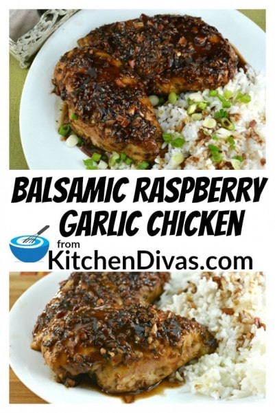 Balsamic Raspberry Garlic Chicken is a long standing family favorite. I love recipes like this. Mix all of these wonderful flavors together. Stir, dump mixture all over the top of your chicken and bake! Recipes do not get any easier than that! I wish more were! https://kitchendivas.com/balsamic-raspberry-garlic-chicken/