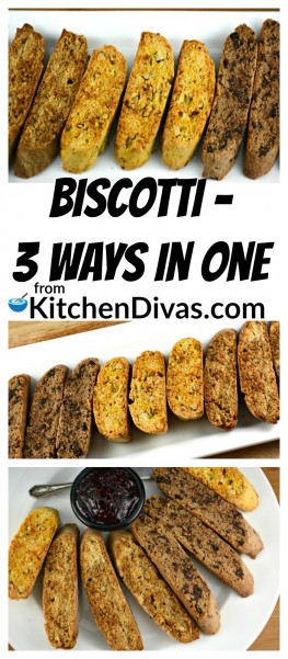This Easy Biscotti - 3 Ways in One recipe, who I must give credit to my late friend Marcel, is awesome. Just plain awesome. This is a recipe you will make over and over again. You can make three delicious varieties with just one recipe! Perfect as a snack or to dip in your coffee. This Easy Biscotti - 3 Ways in One recipe satisfies every craving, every time! https://kitchendivas.com/easy-three-in-one-biscotti/