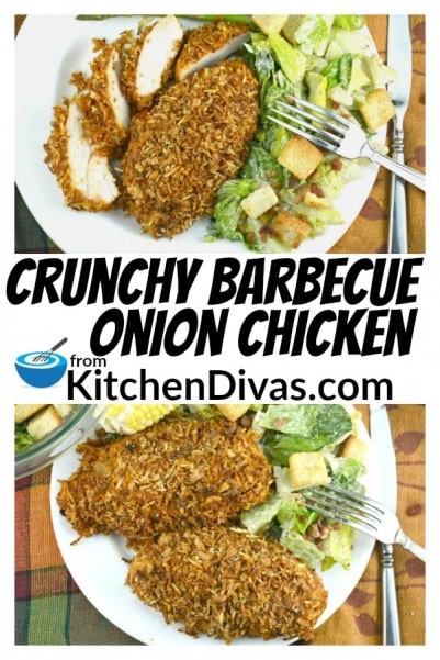 This Crunchy Barbecue Onion Chicken recipe is so easy, uses only a few ingredients and is totally delicious! Use any flavor of barbecue sauce to coat your chicken breast and then cover it in crispy fried onions and cheese. It doesn't get any easier than this! https://kitchendivas.com/crunchy-barbecue-onion-chicken/
