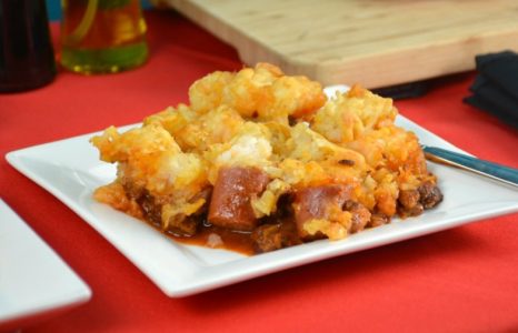 Chili Cheese Tater Tot Hot Dog Casserole