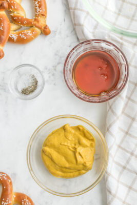 Overhead photo of all the ingredients needed to make honey mustard dip.