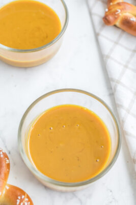 Honey mustard sauce in a small bowl after refrigerating for at least one hour.
