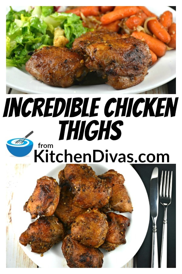 Incredible Chicken Thighs are so easy! Chicken with soy sauce, garlic, ginger, apple cider vinegar, sugar, lemon juice and thyme! Your taste buds will thank you! https://kitchendivas.com/graemes-incredible-chicken-thighs/